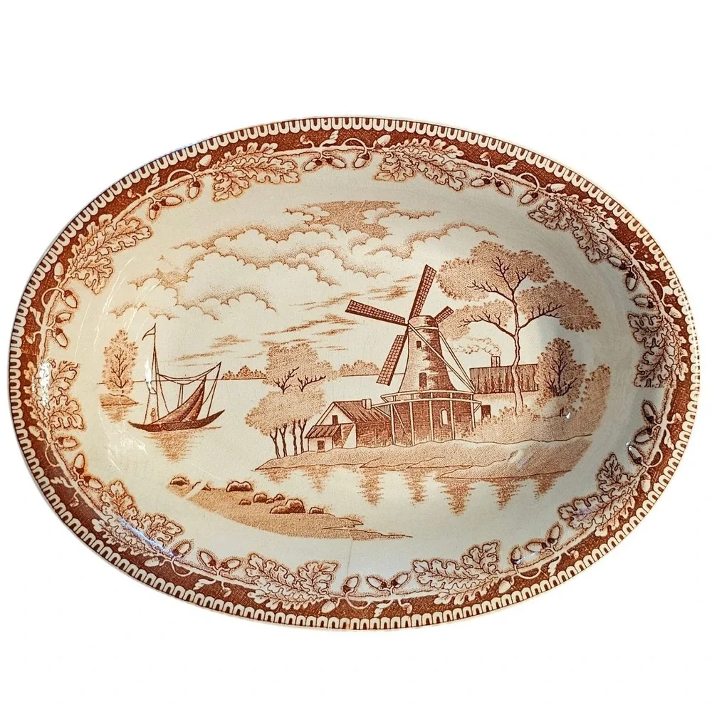Vintage Japan Brown White Transferware Windmill Oval Serving Bowl 9.75in